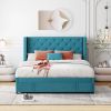 Queen Size Storage Bed Velvet Upholstered Platform Bed with Wingback Headboard and a Big Drawer