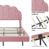 Full Upholstered Smart LED Bed Frame with Elegant Flowers Headboard,Floating Velvet Platform LED Bed with Wooden Slats Support