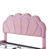 Full Upholstered Smart LED Bed Frame with Elegant Flowers Headboard,Floating Velvet Platform LED Bed with Wooden Slats Support