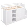 Functional Loft Bed with 3 Shelves;  2 Wardrobes and 2 Drawers;  Ladder with Storage;  No Box Spring Needed