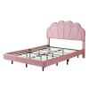 Full Upholstered Smart LED Bed Frame with Elegant Flowers Headboard,Floating Velvet Platform LED Bed with Wooden Slats Support