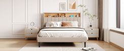 Queen Size Upholstered Platform Bed with Storage Headboard and USB Port, Linen Fabric Upholstered Bed