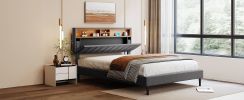 Queen Size Upholstered Platform Bed with Storage Headboard and USB Port, Linen Fabric Upholstered Bed