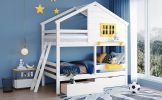 Twin over Twin Bunk Bed with 2 Drawers;  1 Storage Box;  1 Shelf;  Window and Roof