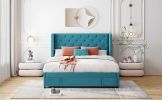 Queen Size Storage Bed Velvet Upholstered Platform Bed with Wingback Headboard and a Big Drawer