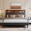 Queen Size Upholstered Platform Bed with Storage Headboard and USB Port, Linen Fabric Upholstered Bed