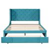 Queen Size Storage Bed Velvet Upholstered Platform Bed with Wingback Headboard and a Big Drawer