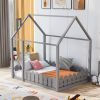 (Slats are not included) Full Size Wood Bed House Bed Frame with Fence;  for Kids;  Teens;  Girls;  Boys