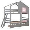 Twin over Twin Bunk Bed with 2 Drawers;  1 Storage Box;  1 Shelf;  Window and Roof