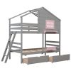 Twin over Twin Bunk Bed with 2 Drawers;  1 Storage Box;  1 Shelf;  Window and Roof