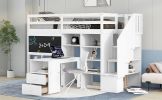 Twin Size Loft Bed with Pullable Desk and Storage Shelves; Staircase and Blackboard