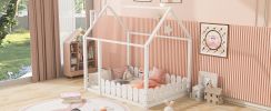 (Slats are not included) Full Size Wood Bed House Bed Frame with Fence;  for Kids;  Teens;  Girls;  Boys