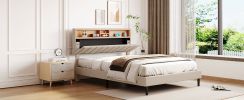 Queen Size Upholstered Platform Bed with Storage Headboard and USB Port, Linen Fabric Upholstered Bed