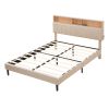 Queen Size Upholstered Platform Bed with Storage Headboard and USB Port, Linen Fabric Upholstered Bed