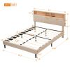 Queen Size Upholstered Platform Bed with Storage Headboard and USB Port, Linen Fabric Upholstered Bed