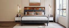 Queen Size Upholstered Platform Bed with Storage Headboard and USB Port, Linen Fabric Upholstered Bed