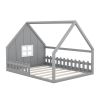 Full Size Wood House Bed with Window and Fence