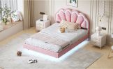 Full Upholstered Smart LED Bed Frame with Elegant Flowers Headboard,Floating Velvet Platform LED Bed with Wooden Slats Support