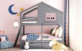 Twin over Twin Bunk Bed with 2 Drawers;  1 Storage Box;  1 Shelf;  Window and Roof