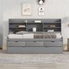 Twin Size Wooden Captain Bed with Built-in Bookshelves; Three Storage Drawers and Trundle