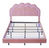 Full Upholstered Smart LED Bed Frame with Elegant Flowers Headboard,Floating Velvet Platform LED Bed with Wooden Slats Support