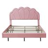 Full Upholstered Smart LED Bed Frame with Elegant Flowers Headboard,Floating Velvet Platform LED Bed with Wooden Slats Support