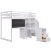 Twin Size Loft Bed with Pullable Desk and Storage Shelves; Staircase and Blackboard