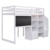 Twin Size Loft Bed with Pullable Desk and Storage Shelves; Staircase and Blackboard