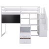 Twin Size Loft Bed with Pullable Desk and Storage Shelves; Staircase and Blackboard